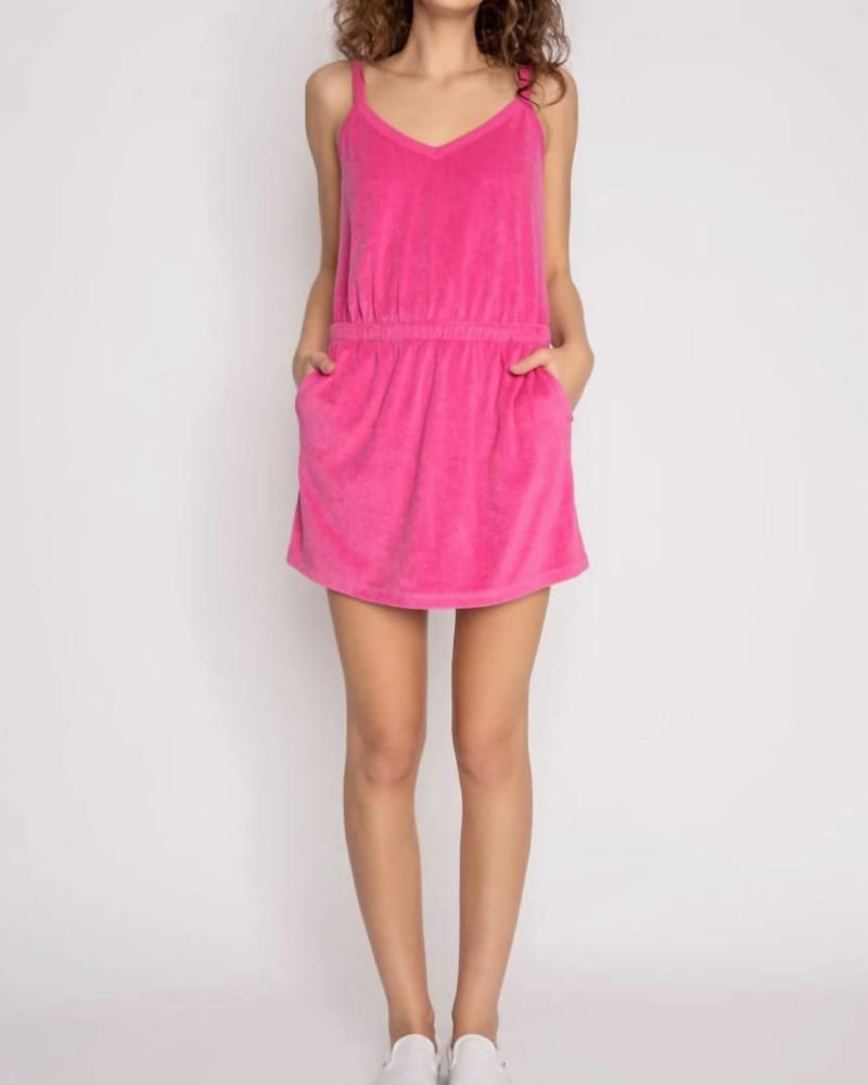 Front of a model wearing a size large Farmers Market Dress In Fuchsia in Fuchsia by PJ Salvage. | dia_product_style_image_id:341986